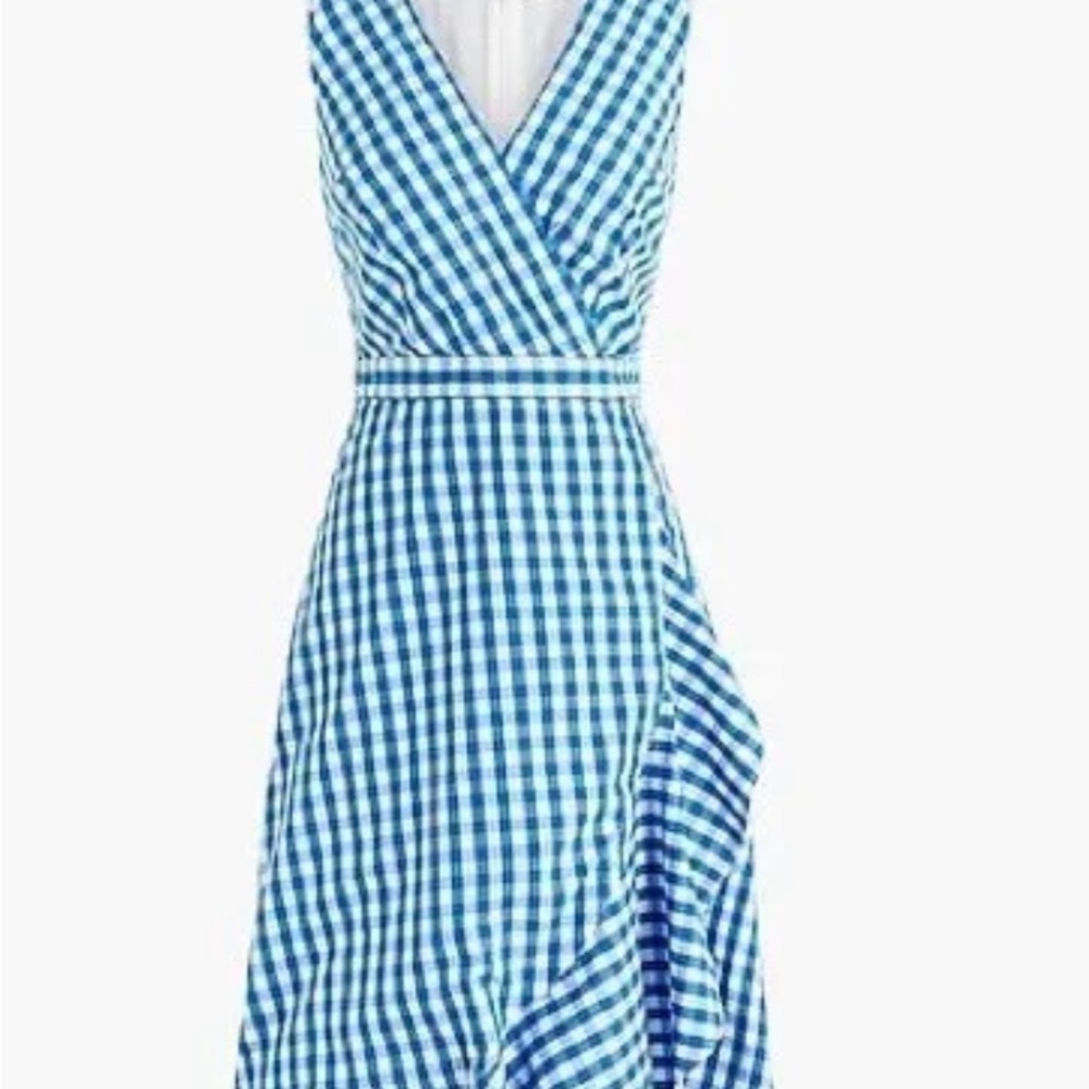 J Crew blue gingham ruffle v neck dress.